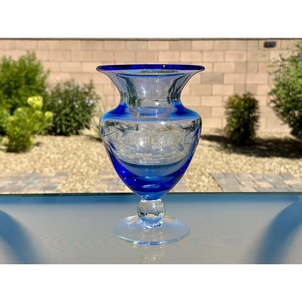 BELLA POTTERY BARN ETCHED Footed Blown Glass Vase w/ Ball Stem Blue 8